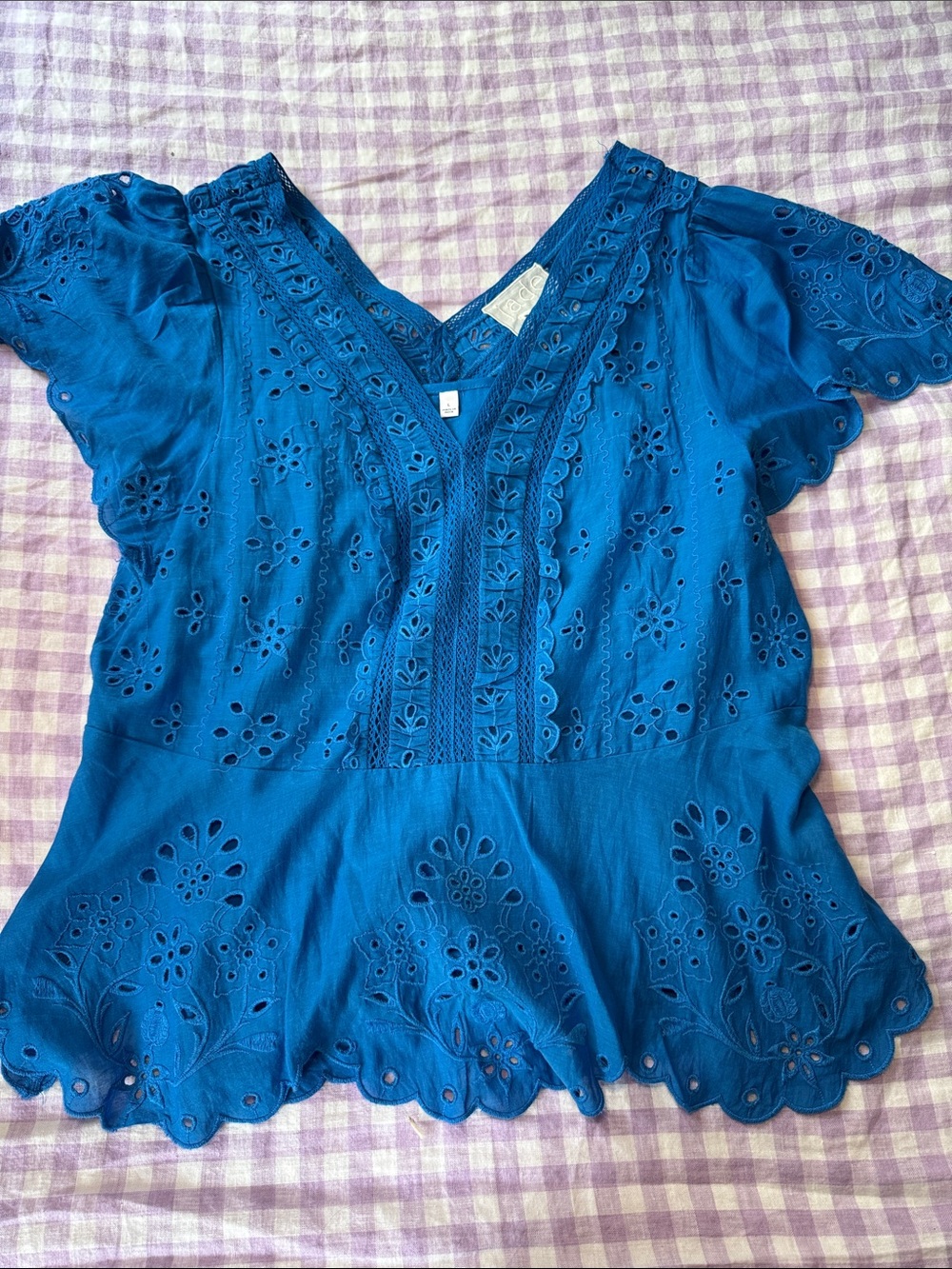 Johnny Was Blue Eyelet V-Neck Peplum Top